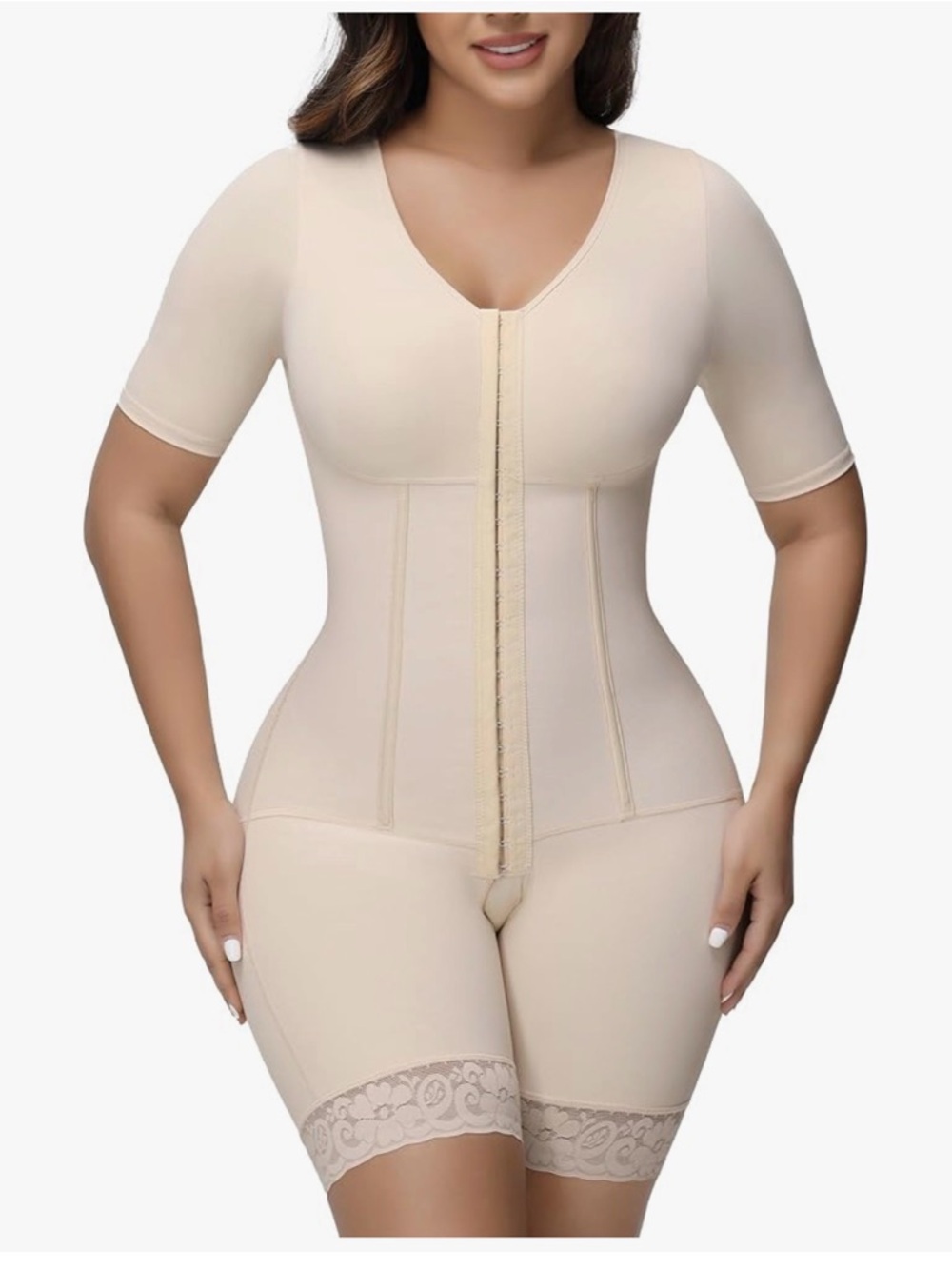 Nude Short-Sleeve Full Body Shaper with Front Hook Closure